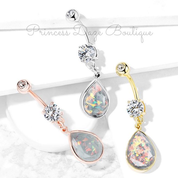 Rainbow‎ Glitter Opalite Stone Dangle Belly Button Ring - Picture 1 of 1